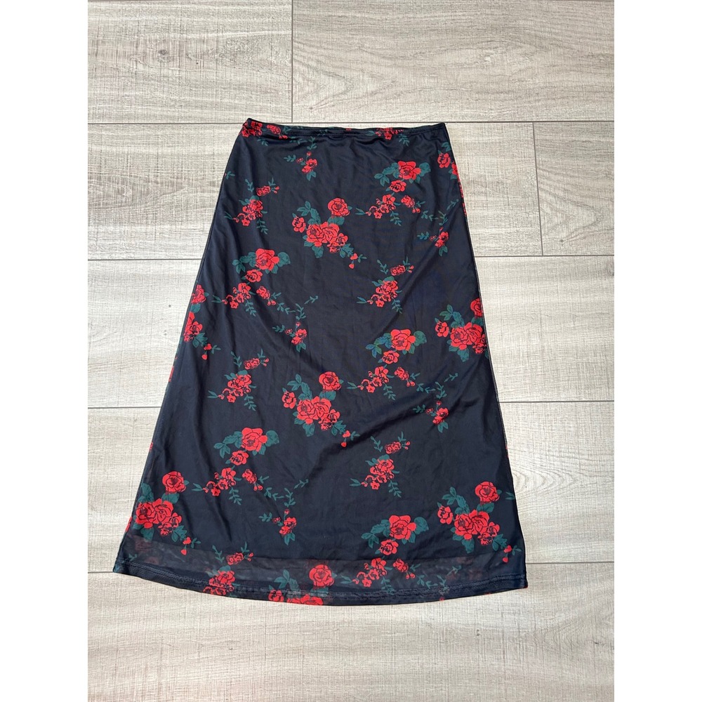 Cider Black Rose Mesh Midi Skirt Floral Sheer Layered Goth Romantic Size Small